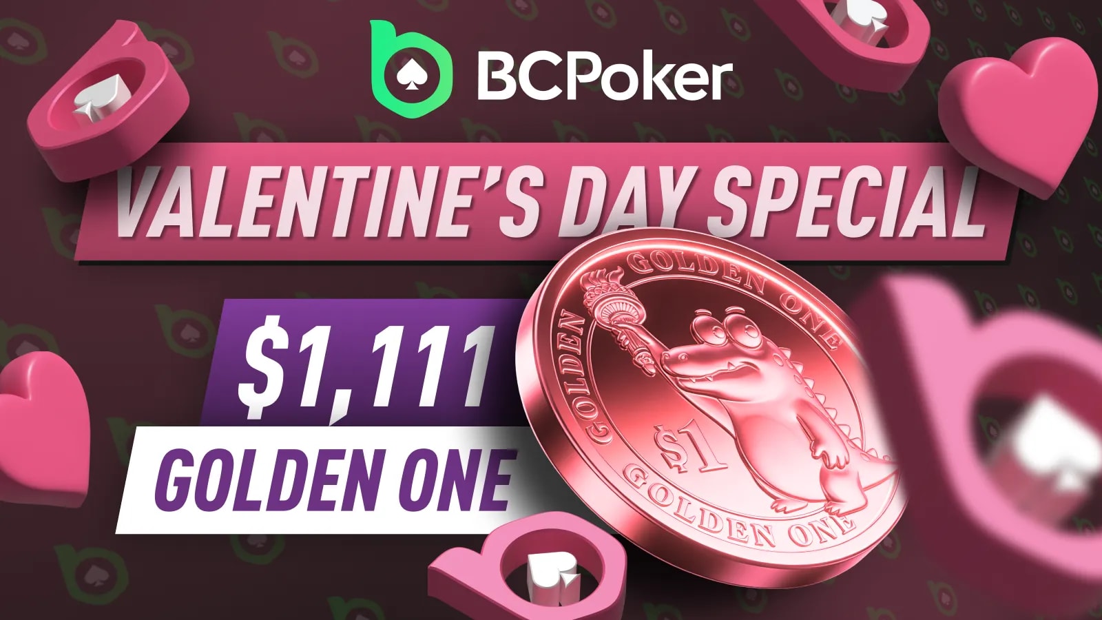 Бесплатный вход на специальное предложение BCPoker ко Дню святого Валентина $1,111 Golden One